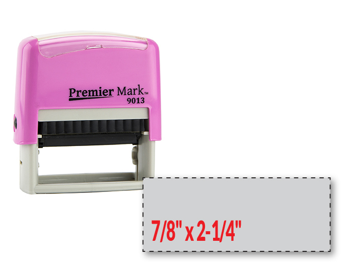 The #9013 is a small to medium sized self-inking stamp in a pink mount.