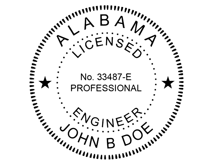 Alabama professional engineer rubber stamp. Laser engraved for crisp and clean impression. Self-inking, pre-inked or traditional.