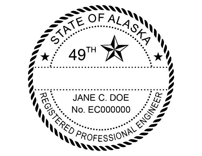Alaska professional engineer rubber stamp. Laser engraved for crisp and clean impression. Self-inking, pre-inked or traditional.