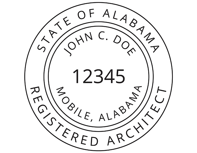 Alabama architect rubber stamp. Laser engraved for crisp and clean impression. Self-inking, pre-inked or traditional.