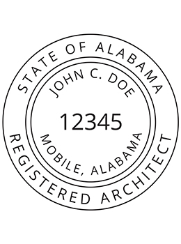 Alabama architect rubber stamp. Laser engraved for crisp and clean impression. Self-inking, pre-inked or traditional.