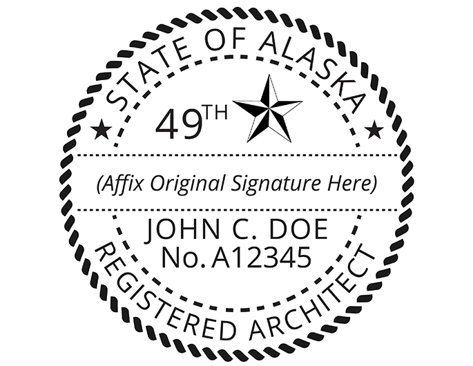 Alaska architect rubber stamp. Laser engraved for crisp and clean impression. Self-inking, pre-inked or traditional.