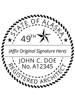 Alaska architect rubber stamp. Laser engraved for crisp and clean impression. Self-inking, pre-inked or traditional.