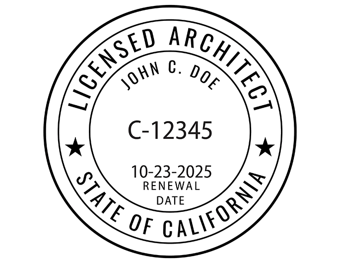 California architect rubber stamp. Laser engraved for crisp and clean impression. Self-inking, pre-inked or traditional.