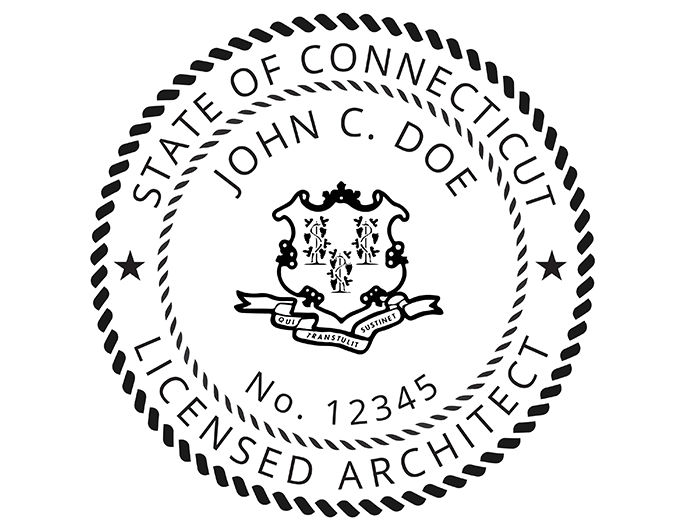 Connecticut architect rubber stamp. Laser engraved for crisp and clean impression. Self-inking, pre-inked or traditional.