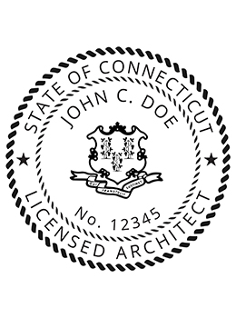 Connecticut architect rubber stamp. Laser engraved for crisp and clean impression. Self-inking, pre-inked or traditional.