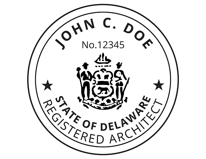 Delaware architect rubber stamp. Laser engraved for crisp and clean impression. Self-inking, pre-inked or traditional.