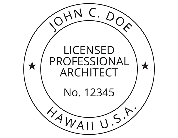 Hawaii architect rubber stamp. Laser engraved for crisp and clean impression. Self-inking, pre-inked or traditional.