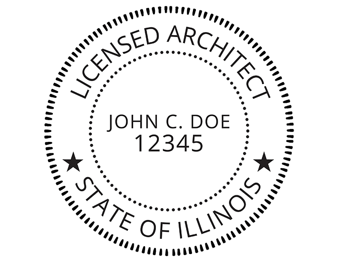 Illinois architect rubber stamp. Laser engraved for crisp and clean impression. Self-inking, pre-inked or traditional.