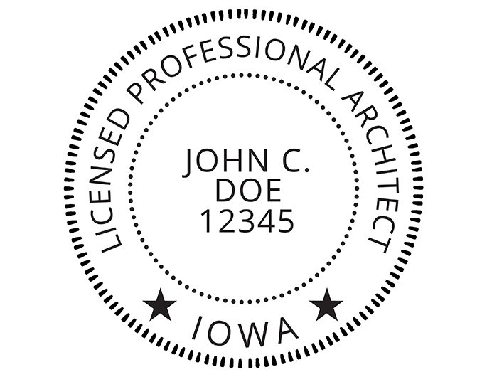 Iowa architect rubber stamp. Laser engraved for crisp and clean impression. Self-inking, pre-inked or traditional.