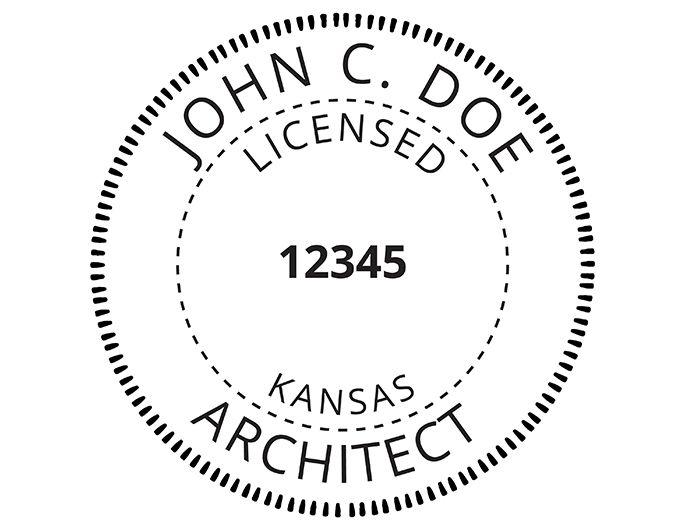 Kansas architect rubber stamp. Laser engraved for crisp and clean impression. Self-inking, pre-inked or traditional.