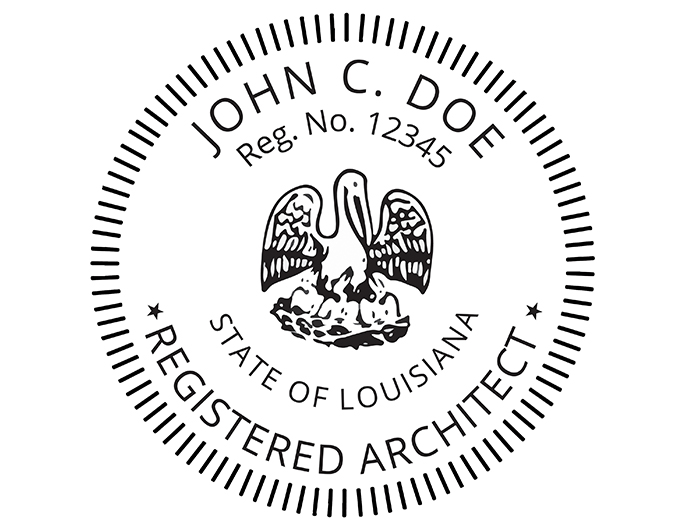 Louisiana architect rubber stamp. Laser engraved for crisp and clean impression. Self-inking, pre-inked or traditional.