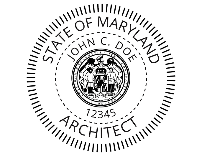 Maryland architect rubber stamp. Laser engraved for crisp and clean impression. Self-inking, pre-inked or traditional.