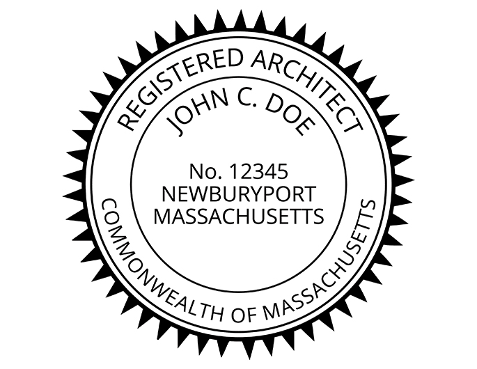 Massachusetts architect rubber stamp. Laser engraved for crisp and clean impression. Self-inking, pre-inked or traditional.