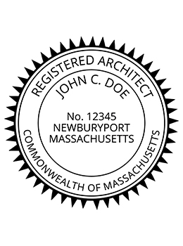 Massachusetts architect rubber stamp. Laser engraved for crisp and clean impression. Self-inking, pre-inked or traditional.