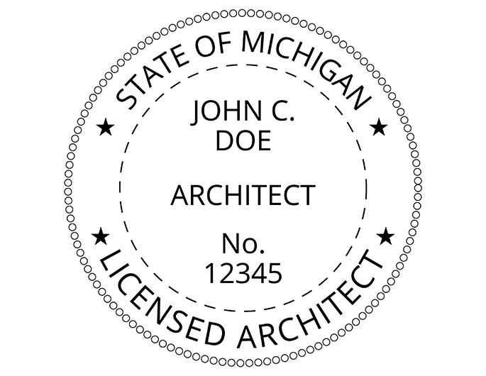 Michigan architect rubber stamp. Laser engraved for crisp and clean impression. Self-inking, pre-inked or traditional.