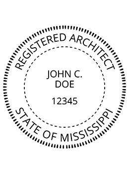 Mississippi architect rubber stamp. Laser engraved for crisp and clean impression. Self-inking, pre-inked or traditional.