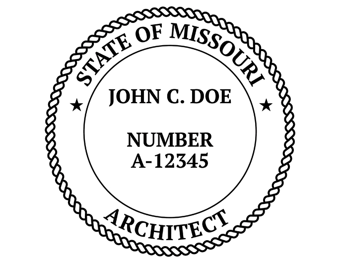 Missouri architect rubber stamp. Laser engraved for crisp and clean impression. Self-inking, pre-inked or traditional.