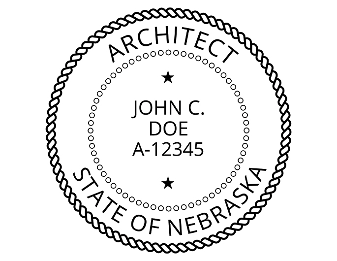 Nebraska architect rubber stamp. Laser engraved for crisp and clean impression. Self-inking, pre-inked or traditional.