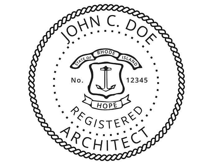 Rhode Island architect rubber stamp. Laser engraved for crisp and clean impression. Self-inking, pre-inked or traditional.