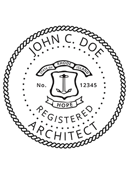 Rhode Island architect rubber stamp. Laser engraved for crisp and clean impression. Self-inking, pre-inked or traditional.