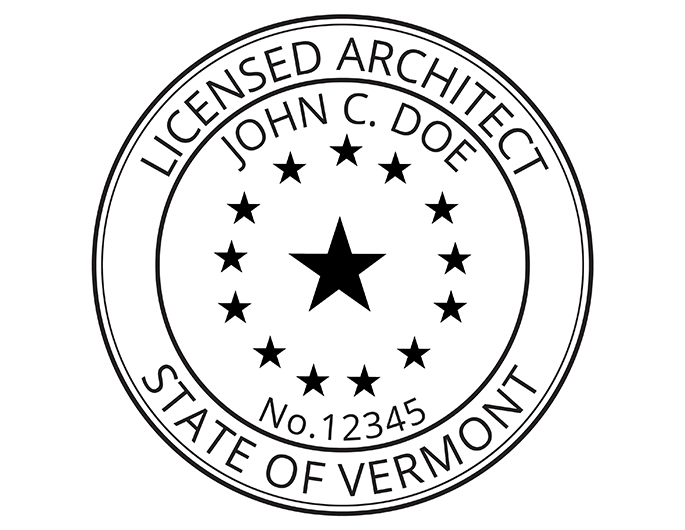 Vermont architect rubber stamp. Laser engraved for crisp and clean impression. Self-inking, pre-inked or traditional.