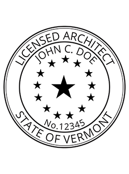 Vermont architect rubber stamp. Laser engraved for crisp and clean impression. Self-inking, pre-inked or traditional.