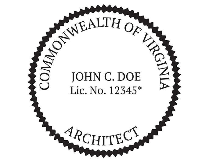 Virginia architect rubber stamp. Laser engraved for crisp and clean impression. Self-inking, pre-inked or traditional.