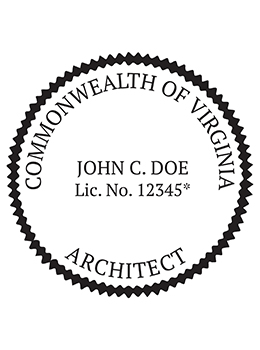 Virginia architect rubber stamp. Laser engraved for crisp and clean impression. Self-inking, pre-inked or traditional.