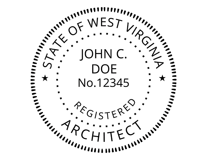 West Virginia architect rubber stamp. Laser engraved for crisp and clean impression. Self-inking, pre-inked or traditional.
