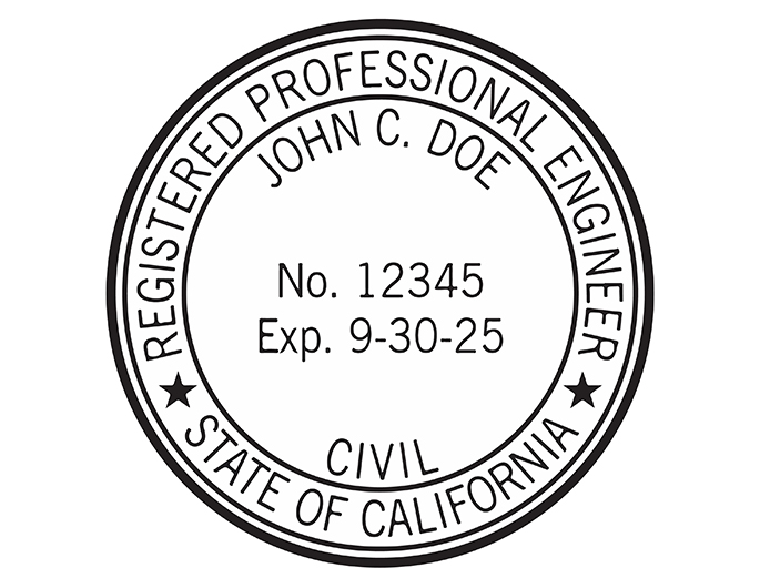 California professional engineer rubber stamp. Laser engraved for crisp and clean impression. Self-inking, pre-inked or traditional.