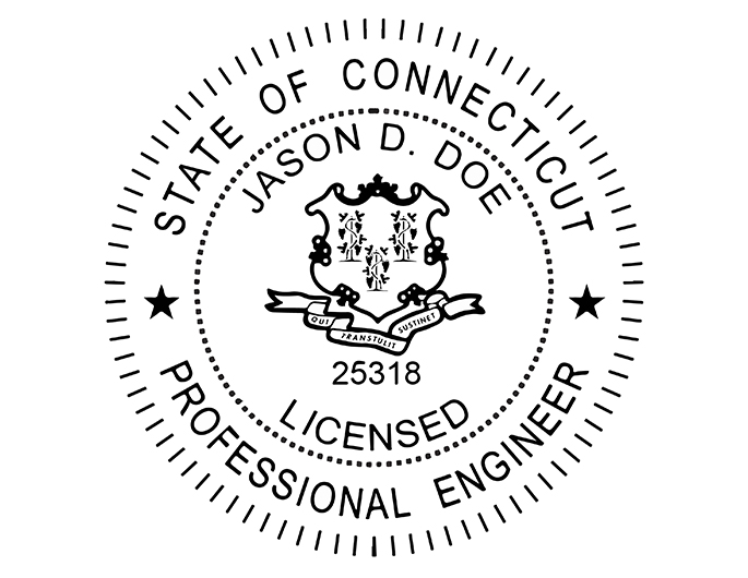 Connecticut professional engineer rubber stamp. Laser engraved for crisp and clean impression. Self-inking, pre-inked or traditional.