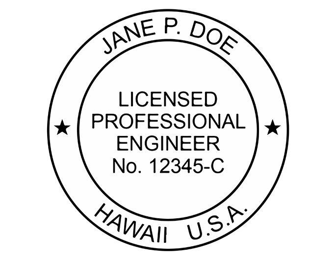 Hawaii professional engineer rubber stamp. Laser engraved for crisp and clean impression. Self-inking, pre-inked or traditional.