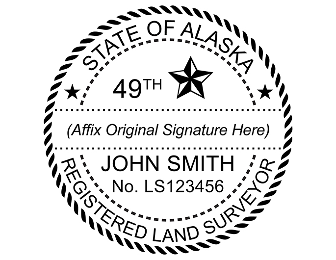Alaska land surveyor rubber stamp. Laser engraved for crisp and clean impression. Self-inking, pre-inked or traditional.
