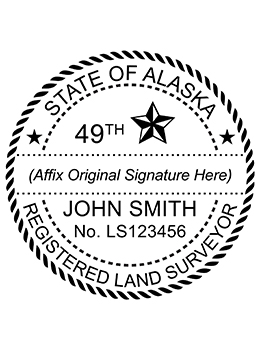 Alaska land surveyor rubber stamp. Laser engraved for crisp and clean impression. Self-inking, pre-inked or traditional.