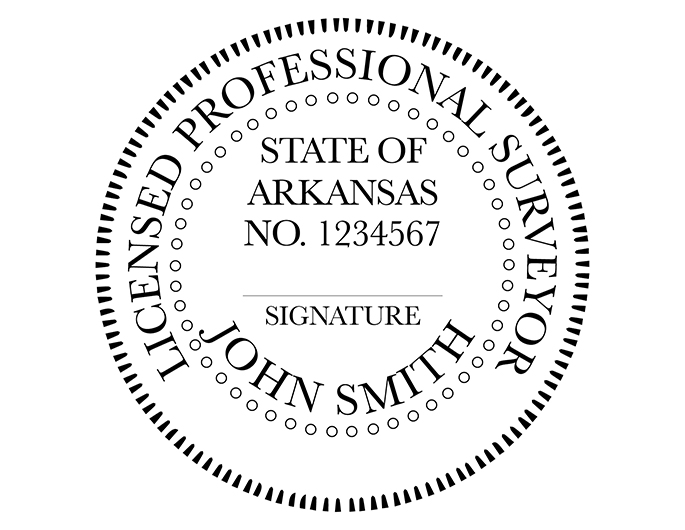 Arkansas land surveyor rubber stamp. Laser engraved for crisp and clean impression. Self-inking, pre-inked or traditional.