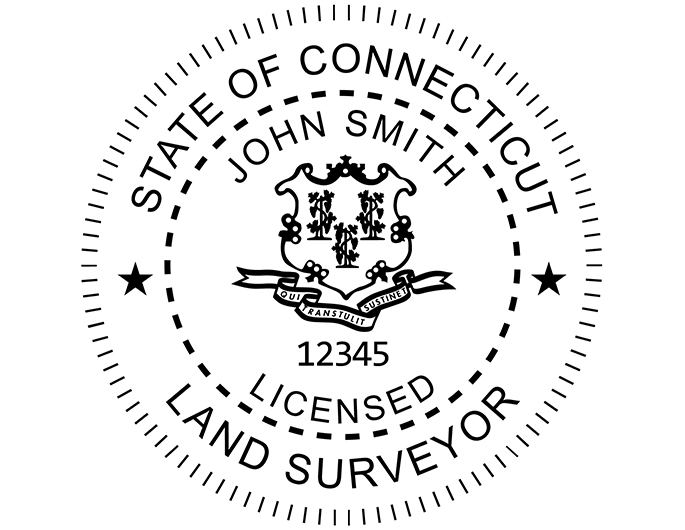 Connecticut land surveyor rubber stamp. Laser engraved for crisp and clean impression. Self-inking, pre-inked or traditional.