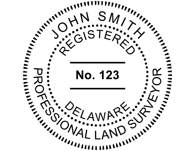 Delaware land surveyor rubber stamp. Laser engraved for crisp and clean impression. Self-inking, pre-inked or traditional.