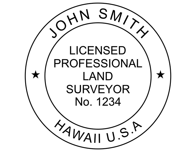 Hawaii land surveyor rubber stamp. Laser engraved for crisp and clean impression. Self-inking, pre-inked or traditional.