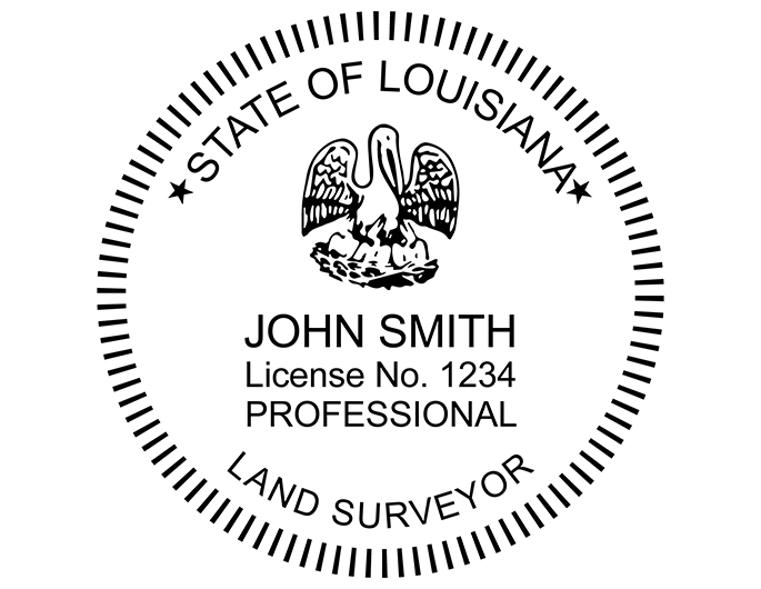 Louisiana land surveyor rubber stamp. Laser engraved for crisp and clean impression. Self-inking, pre-inked or traditional.