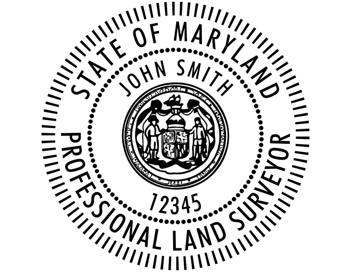 Maryland land surveyor rubber stamp. Laser engraved for crisp and clean impression. Self-inking, pre-inked or traditional.