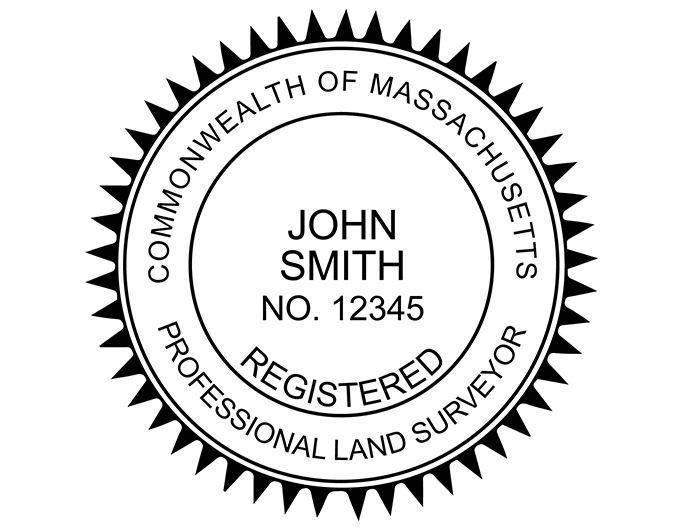 Massachusetts land surveyor rubber stamp. Laser engraved for crisp and clean impression. Self-inking, pre-inked or traditional.