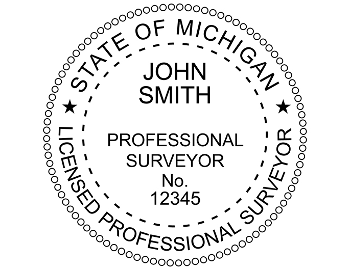 Michigan land surveyor rubber stamp. Laser engraved for crisp and clean impression. Self-inking, pre-inked or traditional.