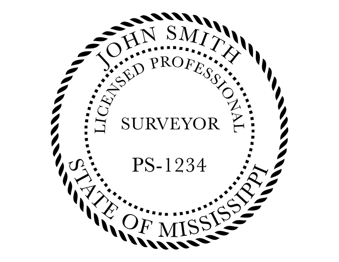 Mississippi land surveyor rubber stamp. Laser engraved for crisp and clean impression. Self-inking, pre-inked or traditional.