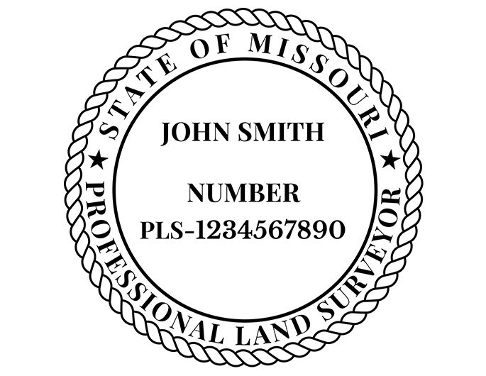 Missouri land surveyor rubber stamp. Laser engraved for crisp and clean impression. Self-inking, pre-inked or traditional.