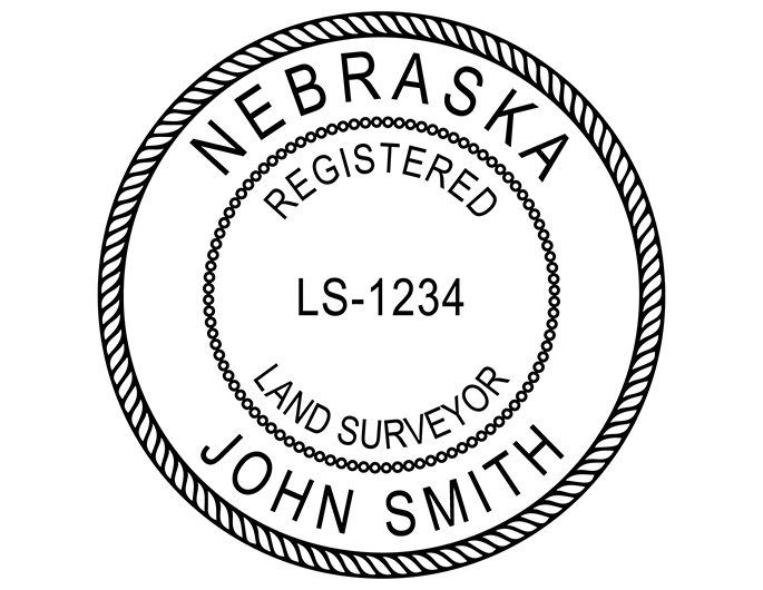 Nebraska land surveyor rubber stamp. Laser engraved for crisp and clean impression. Self-inking, pre-inked or traditional.