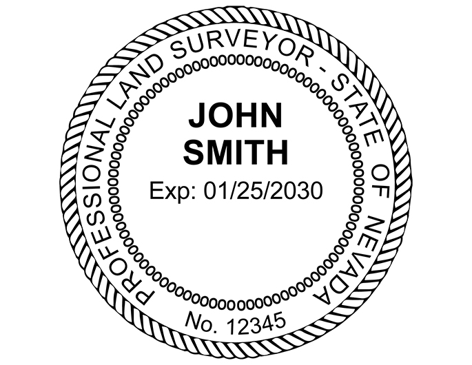 Nevada land surveyor rubber stamp. Laser engraved for crisp and clean impression. Self-inking, pre-inked or traditional.