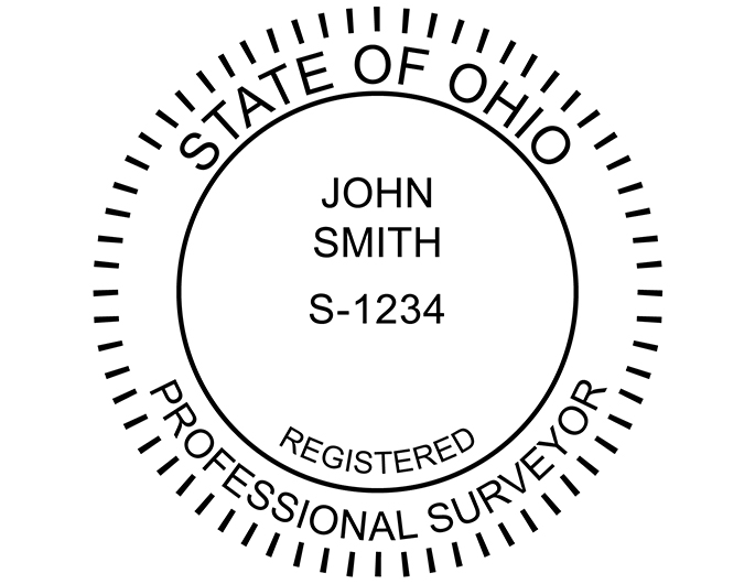 Ohio land surveyor rubber stamp. Laser engraved for crisp and clean impression. Self-inking, pre-inked or traditional.
