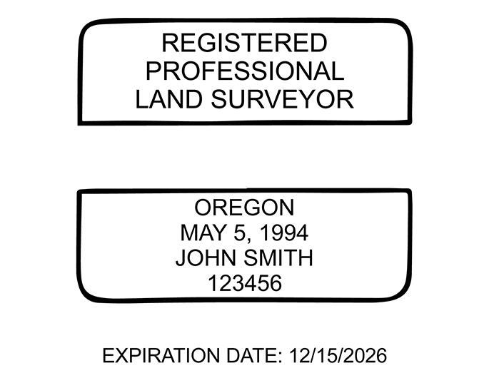 Oregon land surveyor rubber stamp. Laser engraved for crisp and clean impression. Self-inking, pre-inked or traditional.