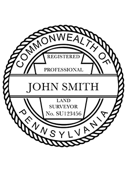 Pennsylvania land surveyor rubber stamp. Laser engraved for crisp and clean impression. Self-inking, pre-inked or traditional.